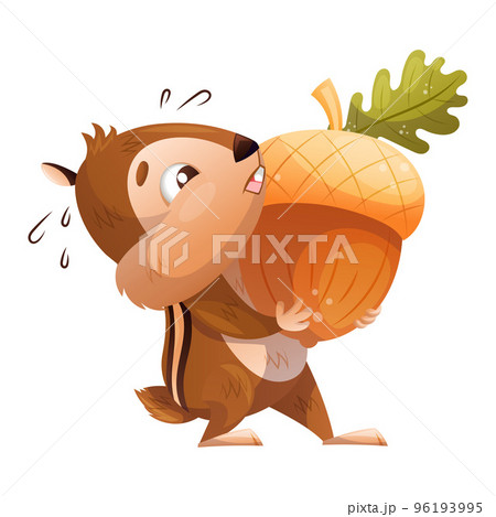 Funny Chipmunk Character with Cute Snout Carrying Heavy Acorn Vector Illustration 96193995