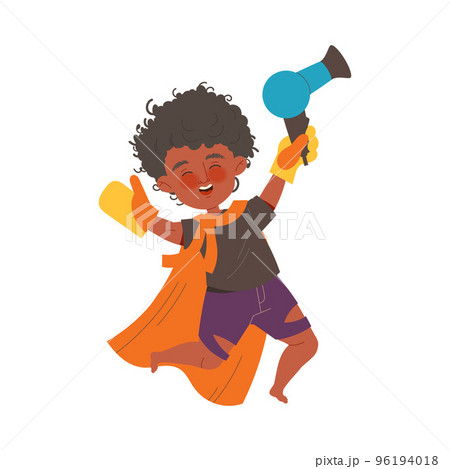 Naughty Little Boy in Cape with Potholder and Hair Dryer Making Mess and Chaos Around Vector Illustration 96194018