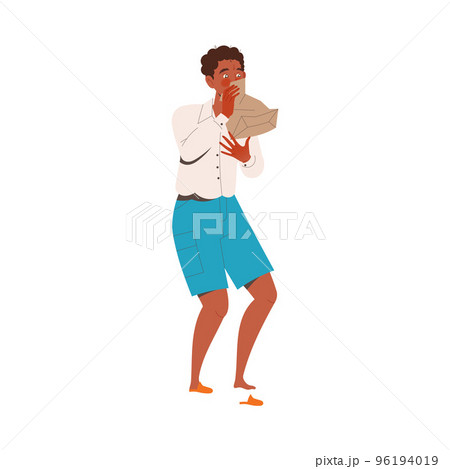 Scared Father Character with Paper Bag Feeling Unwell Shocked with Mess and Chaos Around Vector Illustration 96194019