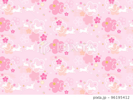 かわいい梅の花とうさぎの春らしいパターン和柄イラスト かわいい梅の花とうさぎの春らしいパターン和柄イラスト 96195412