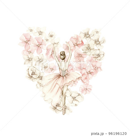 Watercolor dancing ballerina composition with flowers.Pink pretty ballerina. Watercolor hand draw illustration. Can be used for cards or posters. With white isolated background. Illustartion 96196120