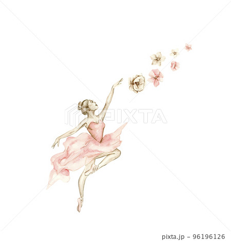 Watercolor dancing ballerina composition with flowers.Pink pretty ballerina. Watercolor hand draw illustration. Can be used for cards or posters. With white isolated background. Illustartion 96196126