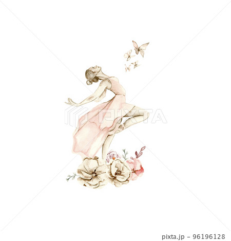 Watercolor dancing ballerina composition with flowers.Pink pretty ballerina. Watercolor hand draw illustration. Can be used for cards or posters. With white isolated background. Illustartion 96196128