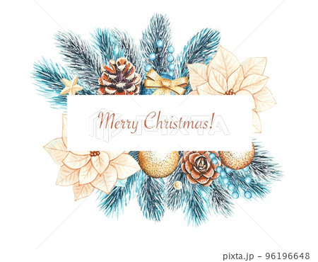 Watercolor Christmas frame with fir branches,poinsettia, tree toys, fir cones . Isolated on white background. 96196648