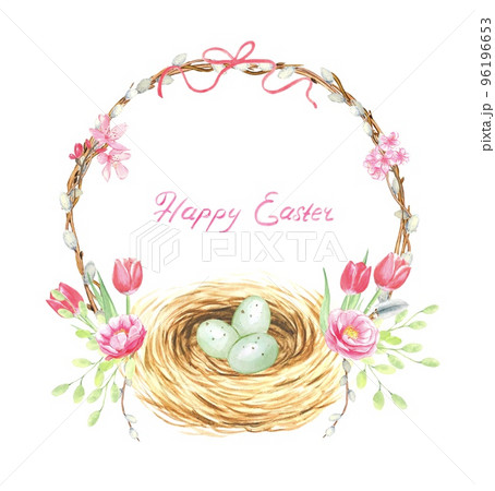 Watercolor Easter wreath with a nest and flowers. Isolated design for greeting card, poster. 96196653