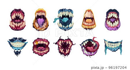 Scary mouth. Cartoon monster face emotions, creative alien characters funny emotional monstrous avatars open mouths. Vector isolated set 96197204