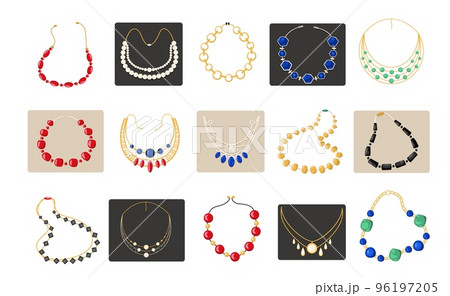 Women necklace beads. Cartoon woman jewelry accessories, fashion precious gold chain gemstones pearl diamond emerald pendant. Vector set 96197205