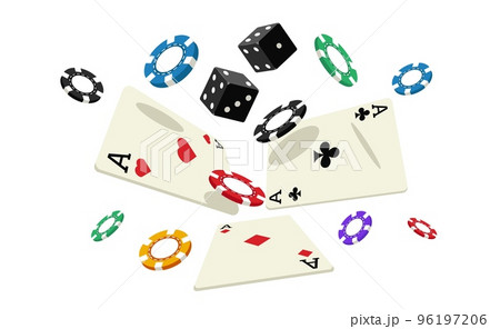 Falling cards and chips. Playing casino accessories for poker, floating red and black coins, money winning gambling game concept. Vector illustration Falling cards and chips. Playing casino accessories for poker, floating red and black coins, money winning gambling game concept. Vector illustration 96197206
