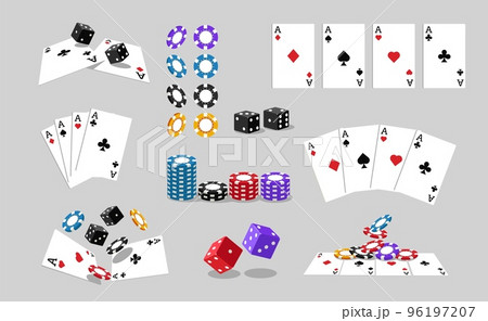 Casino cards and chips. Playing accessories for poker tournament flat cartoon style, gambling game coins dices in different angles. Vector isolated set 96197207
