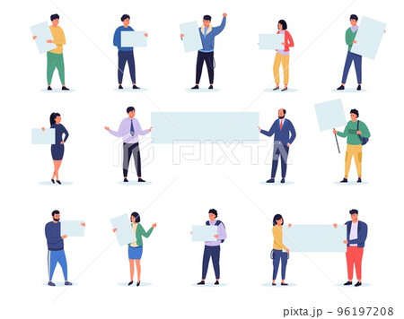 People with banners. Cartoon characters holding blank boards, activists with placards protest demonstration meeting concept. Vector collection People with banners. Cartoon characters holding blank boards, activists with placards protest demonstration meeting concept. Vector collection 96197208