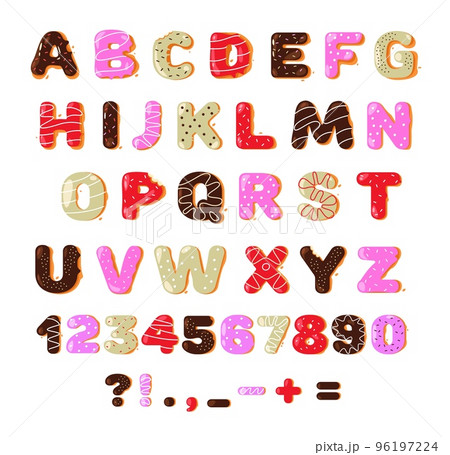 Donut font. Colorful sweet doughnut bakery alphabet latin letters and numbers for decoration, cartoon kids typeface cute glazed dessert. Vector isolated set 96197224