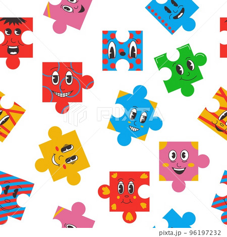 Puzzle characters pattern. Seamless print of funny abstract comic faces jigsaw pieces cartoon style, repeating background textile fabric design. Vector texture Puzzle characters pattern. Seamless print of funny abstract comic faces jigsaw pieces cartoon style, repeating background textile fabric design. Vector texture 96197232