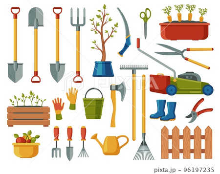 Gardening equipment. Abstract cartoon garden tools with pitchfork spade watering can trowel gloves shovel rake, agriculture farming symbols. Vector set Gardening equipment. Abstract cartoon garden tools with pitchfork spade watering can trowel gloves shovel rake, agriculture farming symbols. Vector set 96197235
