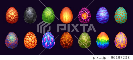Dragon eggs. Cartoon magic fantasy elements glossy shell for game user interface design, dinosaur eggshell power energy lightning. Vector set 96197238