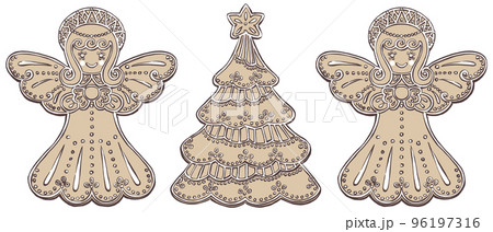 チェコのクリスマスの伝統菓子ペルニークの天使とクリスマスツリー　筆描き･2色塗り 96197316