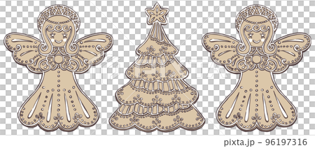 Czech traditional Christmas confectionery Perník angel and Christmas tree brush-painted, two-color 96197316