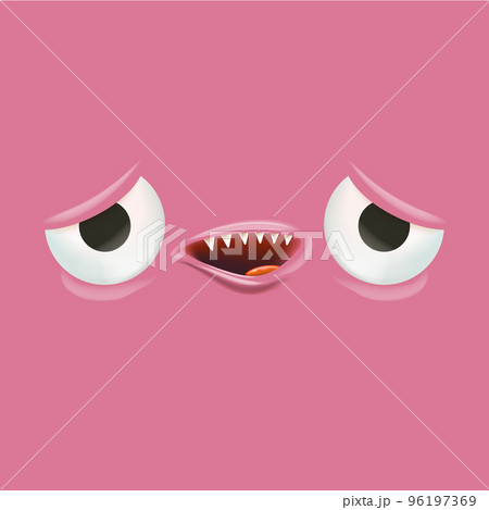 Vector funny pink monster face with open mouth with fangs and eyes isolated on pink background. Halloween cute and funky monster design template for poster, banner and tee print Vector funny pink monster face with open mouth with fangs and eyes isolated on pink background. Halloween cute and funky monster design template for poster, banner and tee print 96197369
