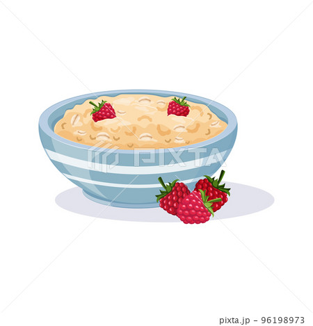 Oatmeal in blue bowl with raspberries. Fruit breakfast cereal. Vector illustration of healthy carbohydrate diet 96198973