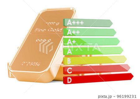 Gold ingots with energy efficiency chart, 3D rendering 96199231