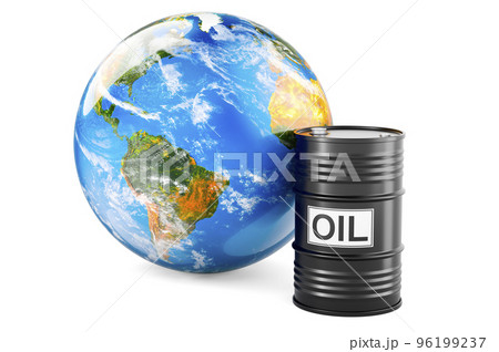 Oil production concept. Earth Globe with oil barrel, 3D rendering 96199237