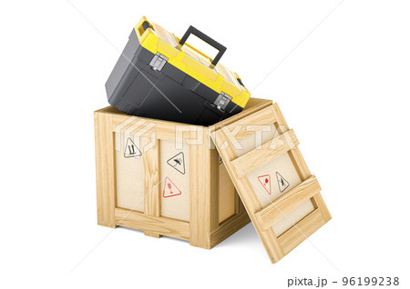 Plastic toolbox inside wooden box, delivery concept. 3D rendering 96199238