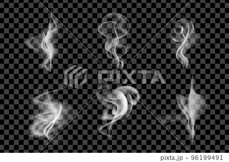 Steam smoke 3d set in realism design. Bundle of curved smoke flow of different forms for tea, coffee, cigarette or hookah effects, fog and mist swirl isolated realistic elements. Vector illustration 96199491