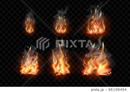 Burning fire 3d set in realism design. Bundle of different stages of flames with smoke and sparks, flaming effect, shining flares or campfire blaze isolated realistic elements. Vector illustration Burning fire 3d set in realism design. Bundle of different stages of flames with smoke and sparks, flaming effect, shining flares or campfire blaze isolated realistic elements. Vector illustration 96199494