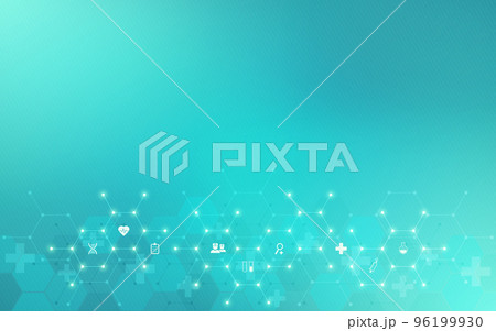 Illustration of a medical background with flat icons and symbols. Template design with concept and idea for the healthcare technology, innovation medicine, health, science and research 96199930