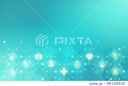 Illustration of a medical background with flat icons and symbols. Template design with concept and idea for the healthcare technology, innovation medicine, health, science and research 96199938