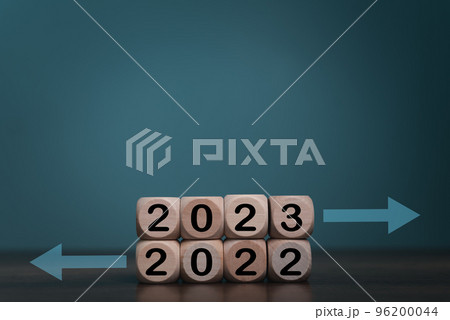 2023 Happy New Year, 2022 and 2023 characters on the wooden block with copy space for text decorate. 96200044