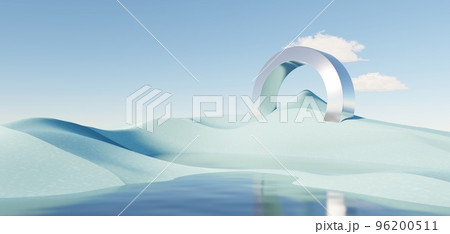 Surreal Beautiful Dream land background. Abstract Dune in winter season landscape with geometric arch. Fantasy island scenery with water and natural cloudy sky. Metallic mirror arch. 3d render. Surreal Beautiful Dream land background. Abstract Dune in winter season landscape with geometric arch. Fantasy island scenery with water and natural cloudy sky. Metallic mirror arch. 3d render. 96200511