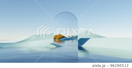 Surreal Beautiful Dream land background. Abstract Dune in winter season landscape with geometric arch. Fantasy island scenery with water and natural cloudy sky. Metallic mirror arch. 3d render. 96200512