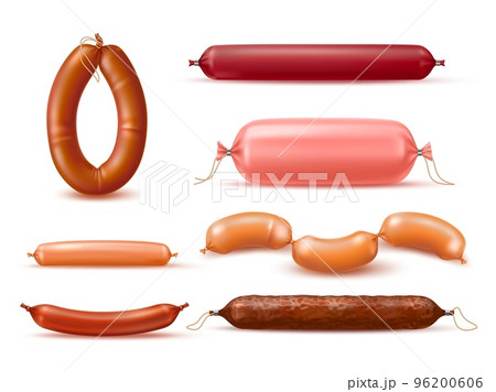 Realistic sausages. Meat products, boiled and smoked delicacies, natural farm food, pork, chicken and beef, different types, gourmet salami wurst, 3d isolated elements, utter vector set 96200606
