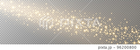 Gold glitter trail. Starry wave with bright particles. Magic light with stardust effect. Luxury sparkling decoration. Golden shiny stars on transparent backdrop. Vector illustration Gold glitter trail. Starry wave with bright particles. Magic light with stardust effect. Luxury sparkling decoration. Golden shiny stars on transparent backdrop. Vector illustration 96200800