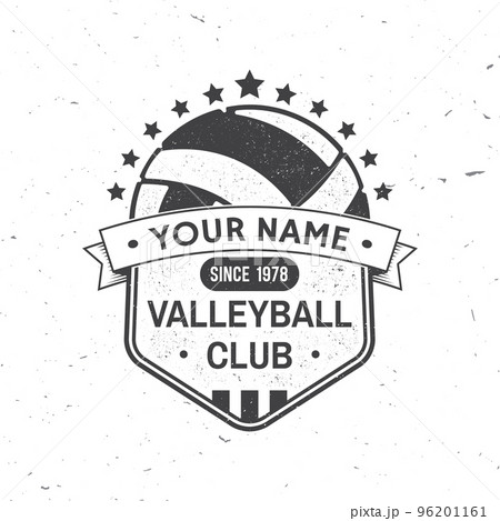 Volleyball club badge design. Vector illustration. For college league sport club emblem, sign, logo. Vintage monochrome label, sticker, patch with volleyball ball silhouettes. 96201161
