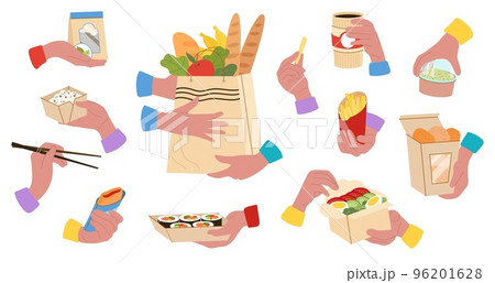 People take food to home. Hands take away packaging lunch, dinner and breakfast with coffee. Outdoor eating, paper boxes and bags decent vector set 96201628