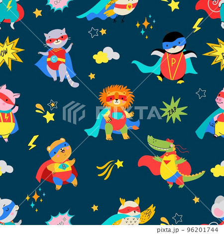 Cartoon cute superhero animals seamless pattern. Animal wear cape, baby textile print design. Trendy graphic, superheroes nowaday nurdery vector background 96201744