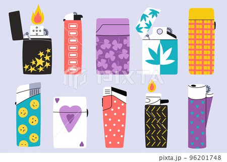 Various decorative lighters. Metallic smoke tools, simple gas plastic lighter. Lighting accessories with flame, cartoon isolated decent vector elements for smokers 96201748