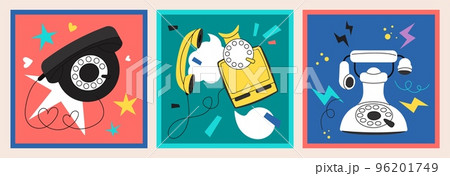 Trendy vintage dial phones. Wire telephones, retro digital electronic communication device. 90s style telephone, call abstract decent vector technology 96201749