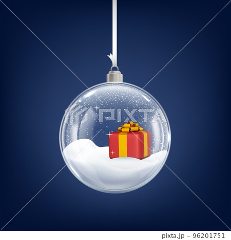Transparent snow globe with 3D gift box and snowfall. Realistic Christmas glass ball on ribbon. Xmas tree toy, vector new year decoration Transparent snow globe with 3D gift box and snowfall. Realistic Christmas glass ball on ribbon. Xmas tree toy, vector new year decoration 96201751