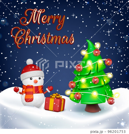Merry christmas postcard, xmas tree, garland, cartoon 3d snowman and gift box. Snowfall banner, plastiline new year elements vector design, retro holiday background Merry christmas postcard, xmas tree, garland, cartoon 3d snowman and gift box. Snowfall banner, plastiline new year elements vector design, retro holiday background 96201753