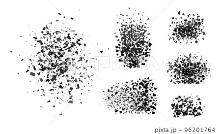 Dark geometric particles burst set. Black grey shatters, flying triangles bursts, broken debris vector collection. Abstract decorative elements Dark geometric particles burst set. Black grey shatters, flying triangles bursts, broken debris vector collection. Abstract decorative elements 96201764