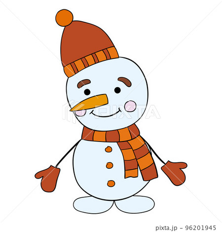 Cute cartoon snowman in an orange hat with a...のイラスト素材