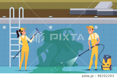 Pool cleaning. Industrial cleaners working outdoor and cleaning swimming pool with professional tools exact vector cartoon background 96202263