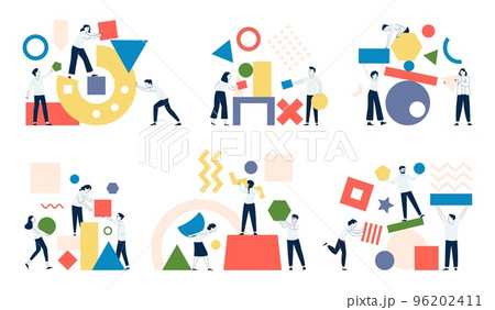 People collect colorful geometric shapes, team building and organize management. Abstract teamwork metaphor, business start up recent vector scenes 96202411
