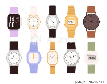 Smartwatch and wristwatch icons. Woman watch, modern and vintage isolated watches and clock. Hand accessories, digital business gadget racy vector set 96202414