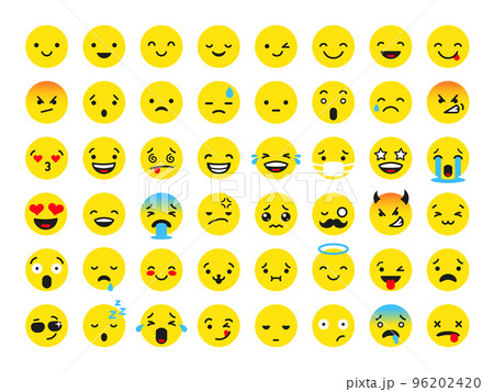 Flat yellow faces various emotional. Smiley face, cute isolated cartoon emoticon. Expression for emotions in social media, messages, conversation, tidy vector characters 96202420