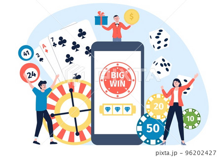 Online gambling concept. Internet casino, roulette or dice, poker and lottery. Happy jackpot winners. People gaming addiction, recent vector easy money business scene 96202427