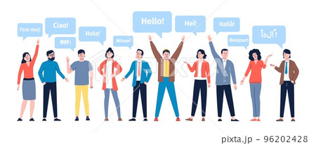 Greeting in native languages. Friendly multilingual people, diverse students communication. Welcome hello from foreigner, multicultural recent vector characters Greeting in native languages. Friendly multilingual people, diverse students communication. Welcome hello from foreigner, multicultural recent vector characters 96202428