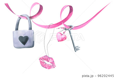 A pink ribbon with a lock, a key and kisses hanging on it. Watercolor illustration. Horizontal banner from the VALENTINE'S DAY collection. For the design and design of invitations, certificates 96202445